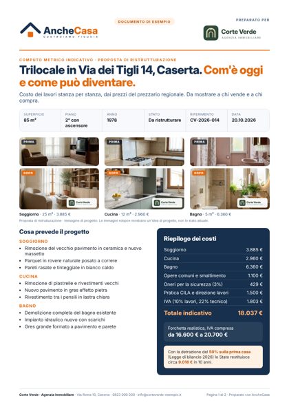 Esempio di scheda con il computo dei lavori di un trilocale