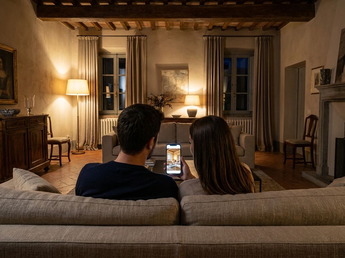 Giulia e Marco sul divano, la sera, guardano sul telefono la casa rifatta