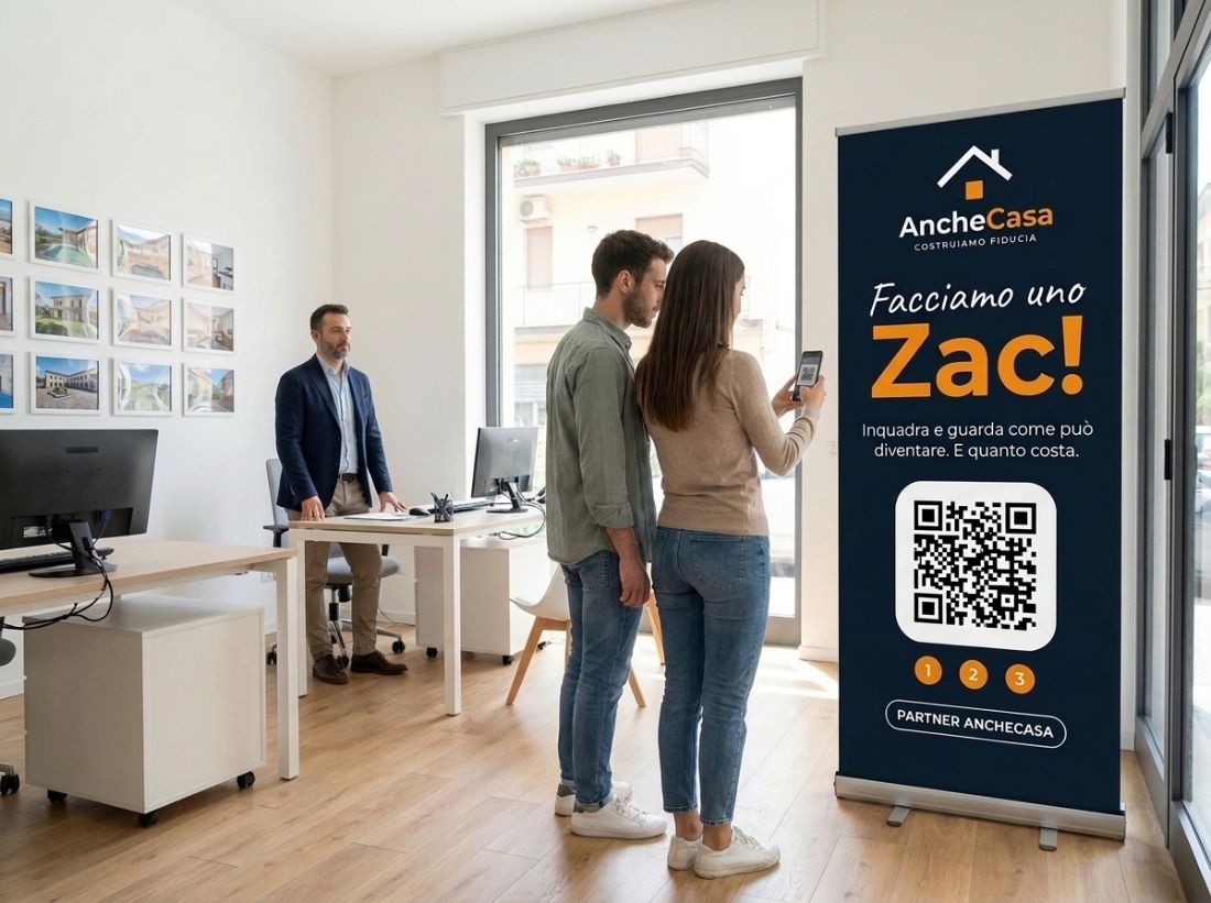 Roll-up AncheCasa con il QR dentro l'agenzia