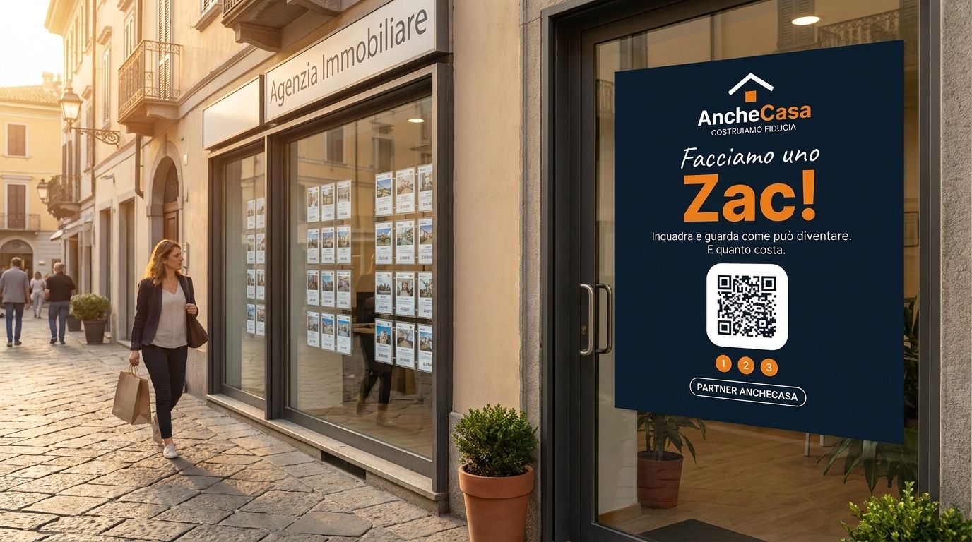 Vetrina di un'agenzia con il cartello Partner AncheCasa e il QR