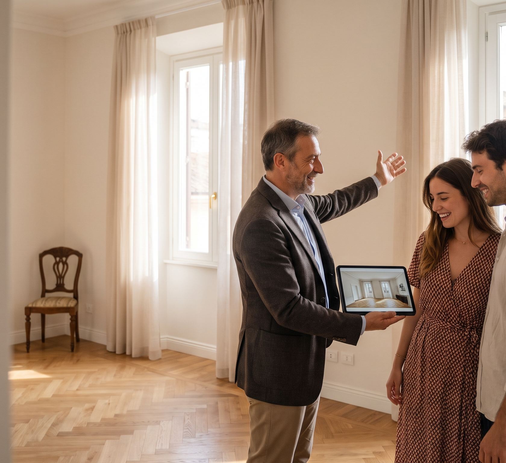 L'agente mostra a una giovane coppia l'appartamento rifatto, con il render sul tablet