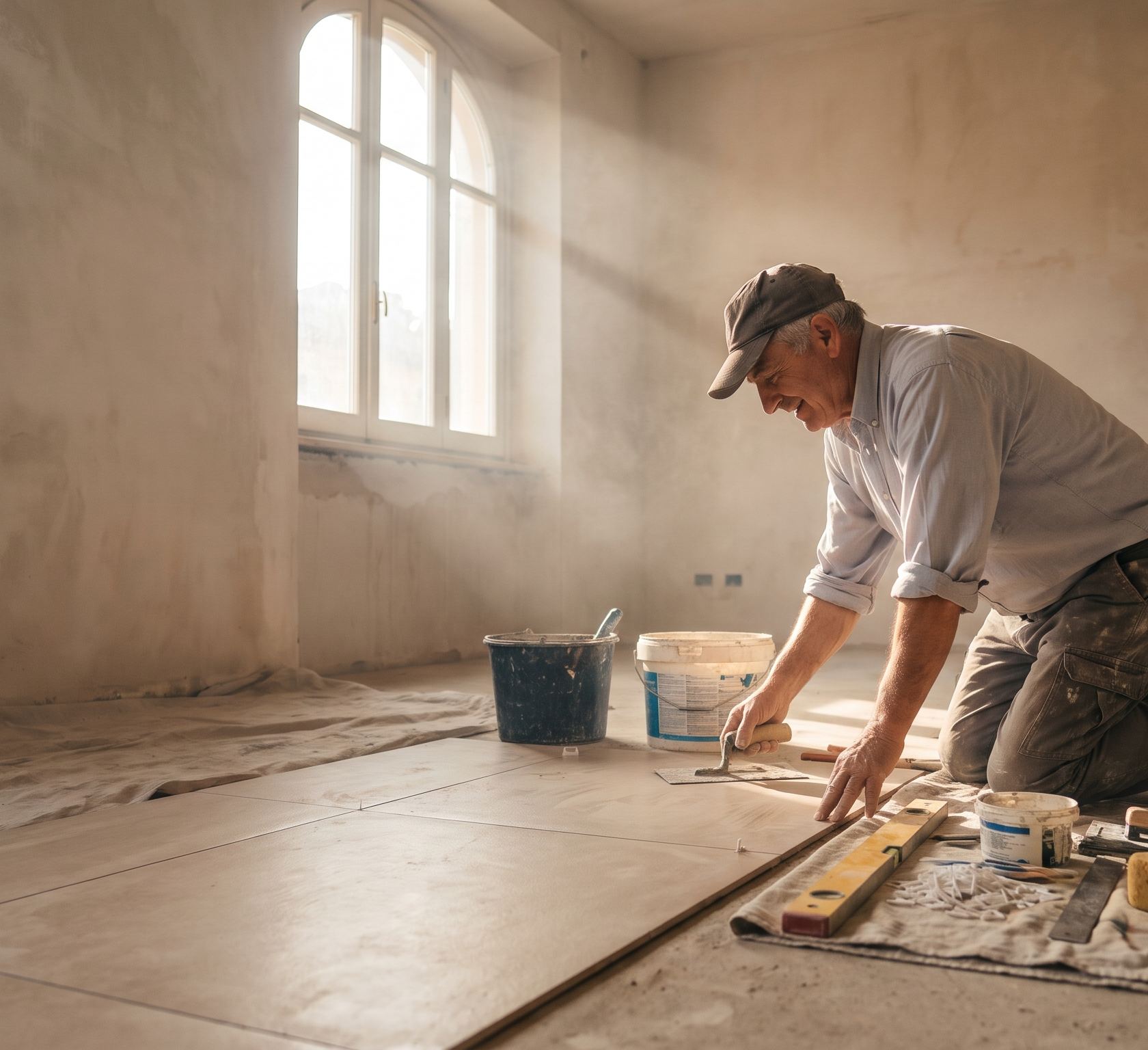 Un piastrellista posa il pavimento in un appartamento luminoso