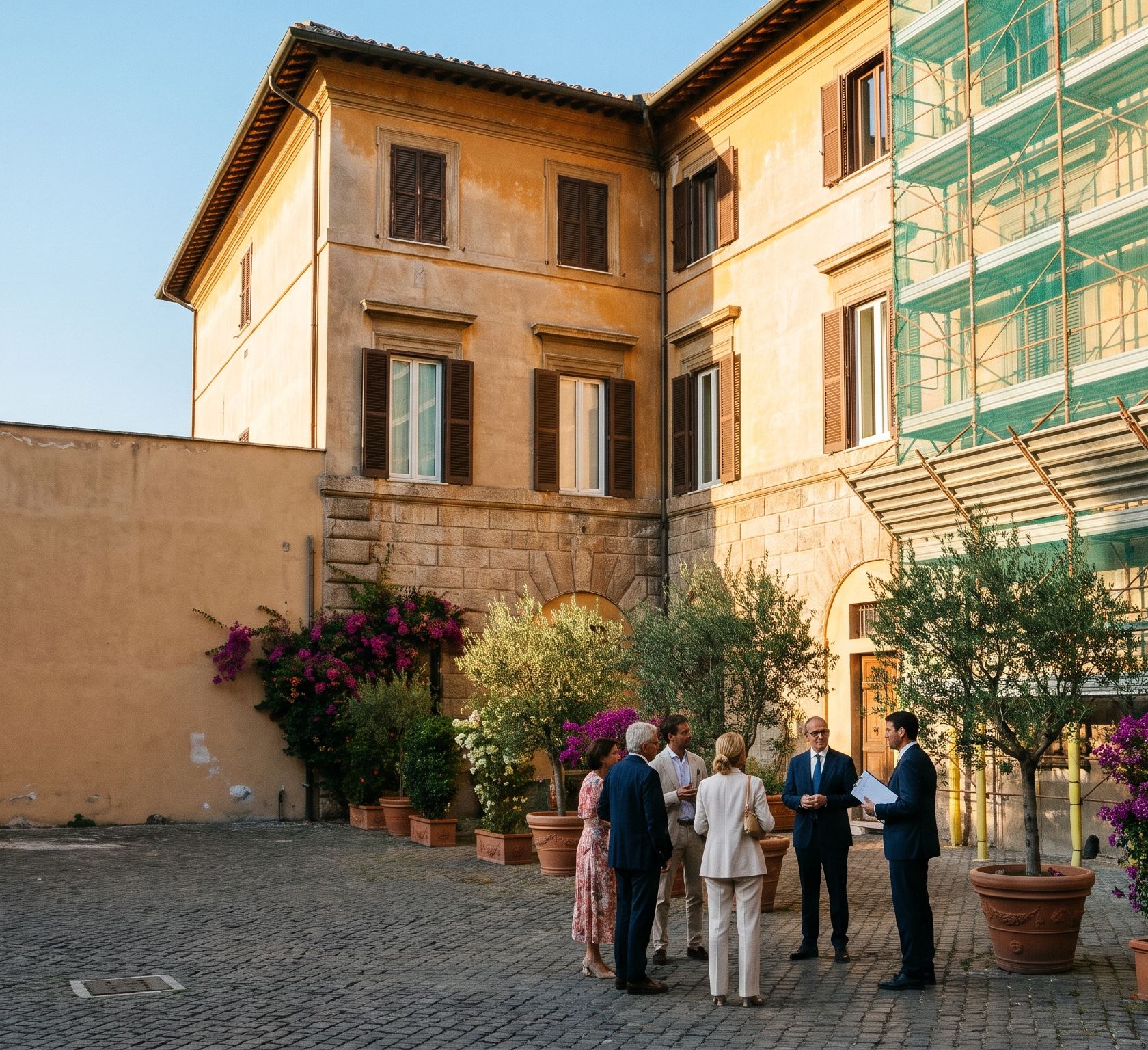 La facciata del condominio in ristrutturazione e l'amministratore nel cortile con i residenti