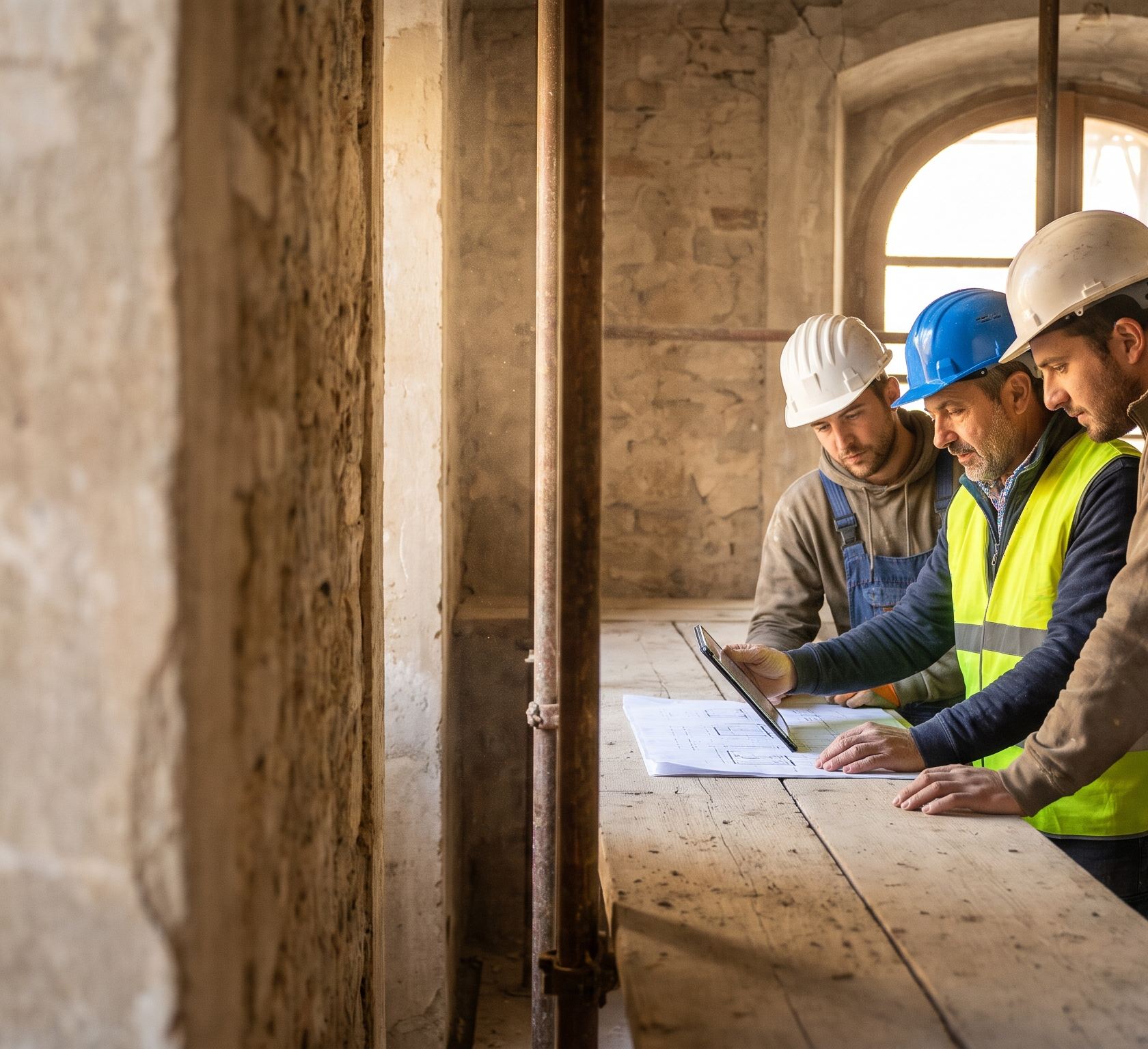 Il capocantiere e due operai guardano il progetto in un palazzo storico