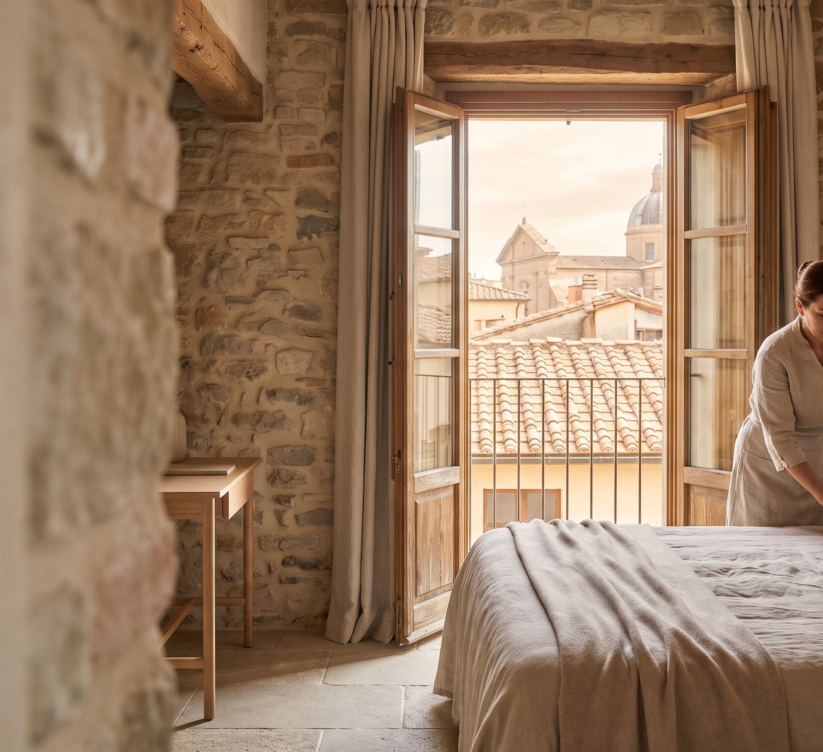 Una camera d'albergo appena rifatta, con la terrazza sui tetti