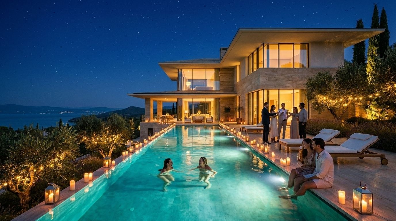 La stessa villa renderizzata, di sera, con i materiali dell'offerta