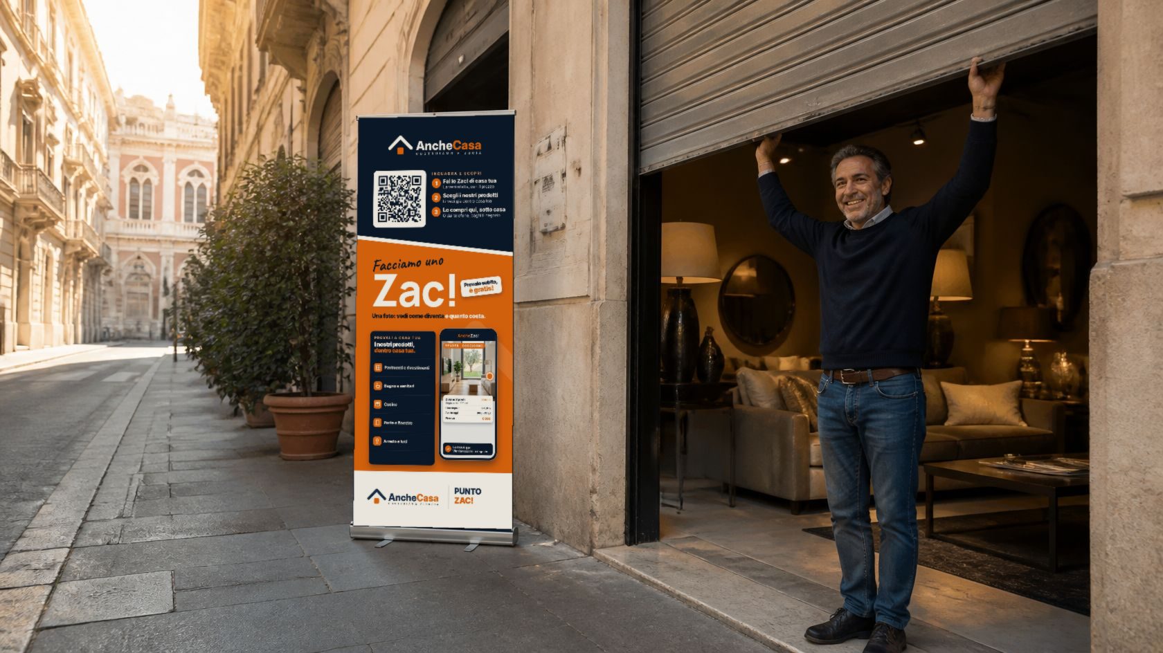 Un negoziante felice rialza la serranda accanto al roll-up AncheCasa