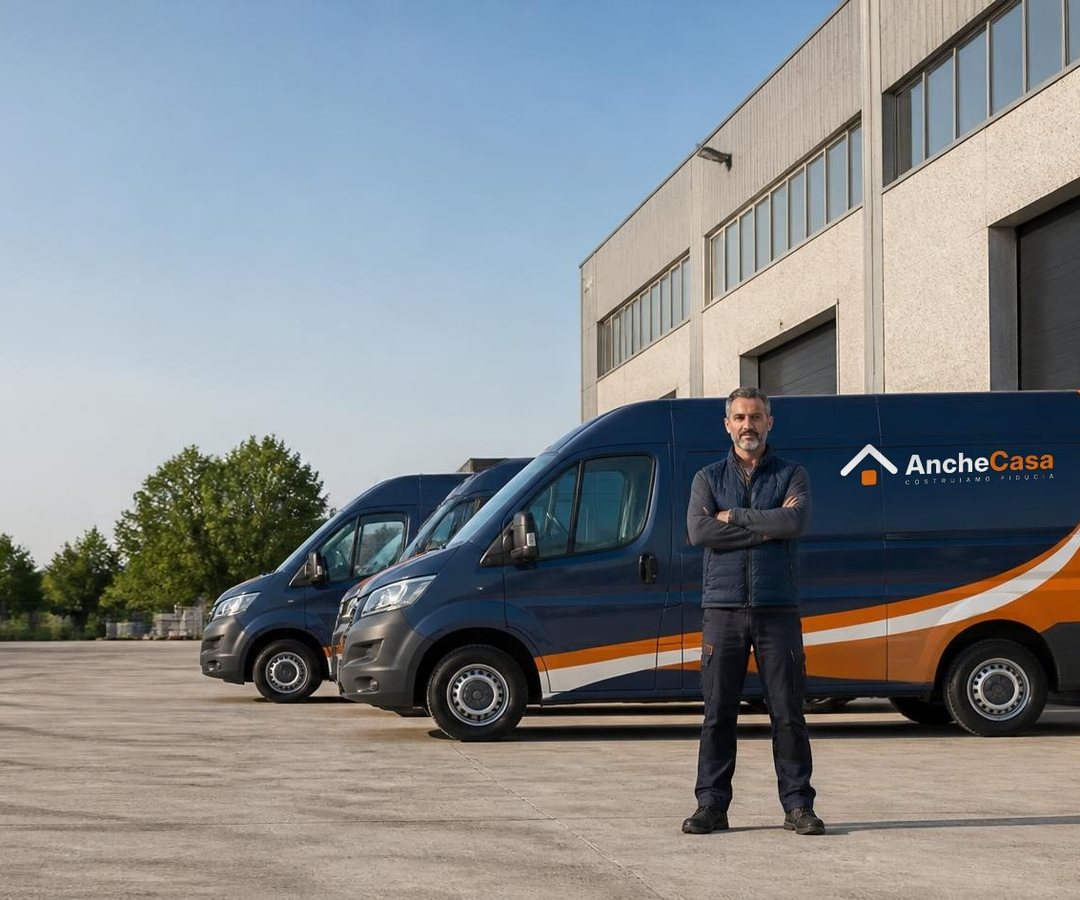Titolare d'impresa davanti ai furgoni AncheCasa